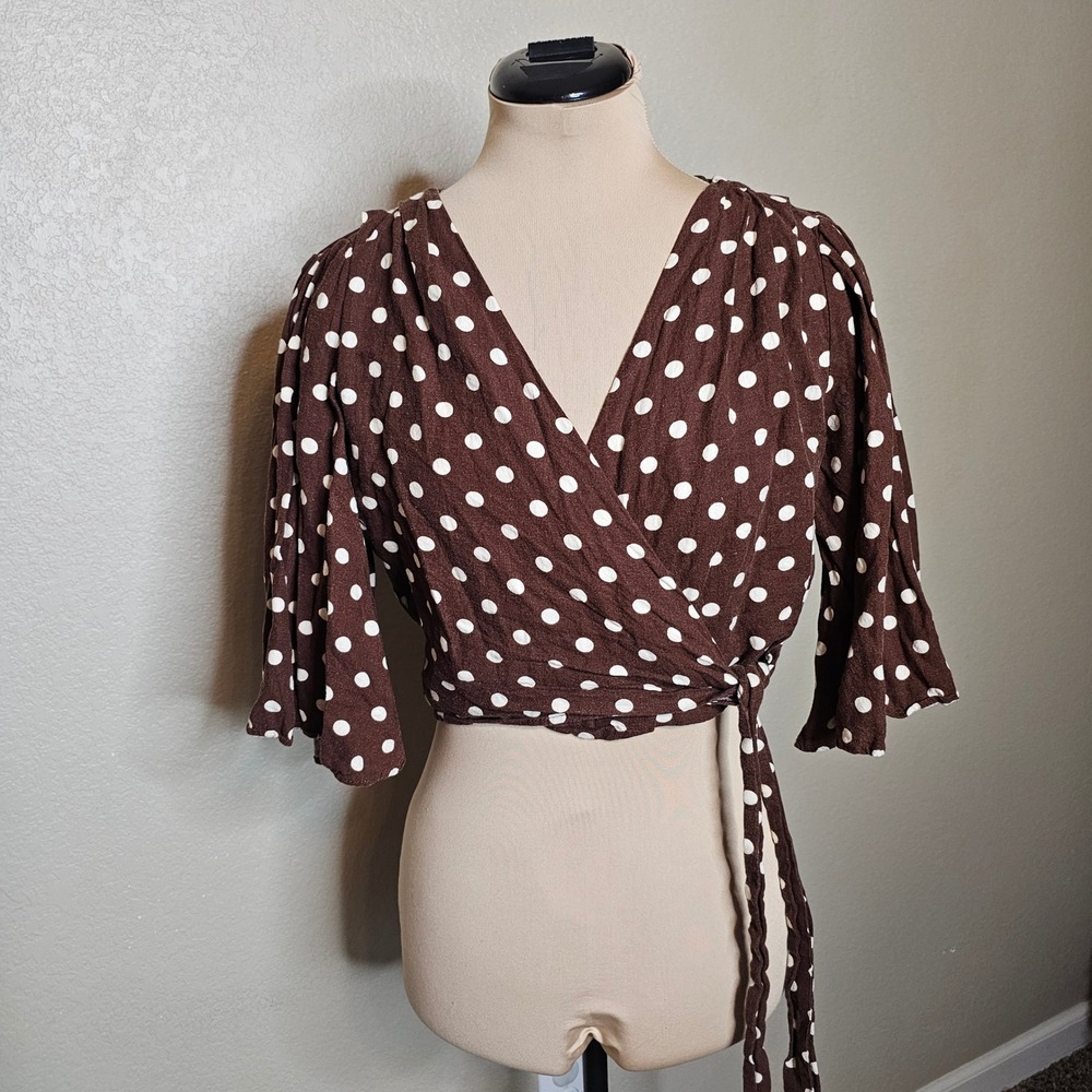 Zara XS Brown Polka Dot Linen Blend Flutter Sleeve Cropped Wrap Top